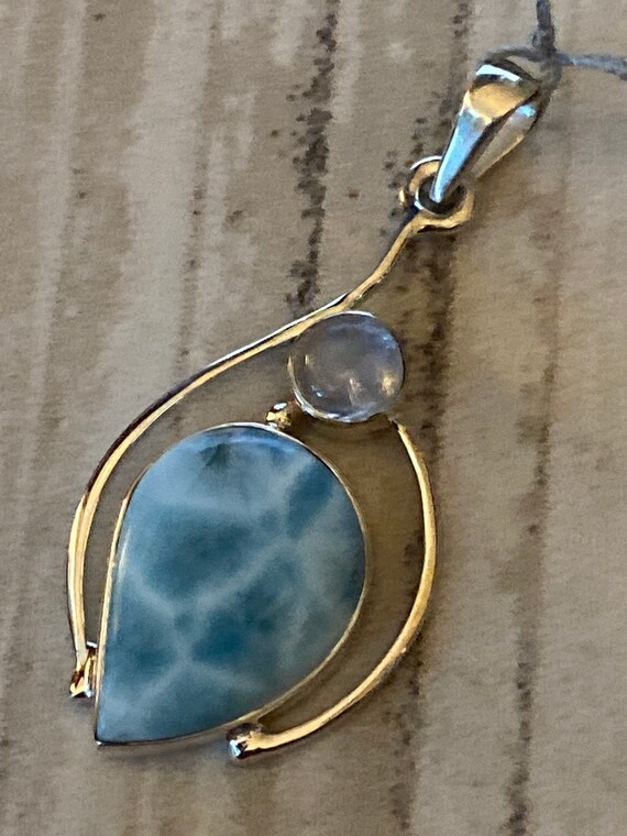 New! Caribbean Gemstone Larimar Pendant 925 Sterling Silver. Handcrafted.Free Chain 18".Free Shipping