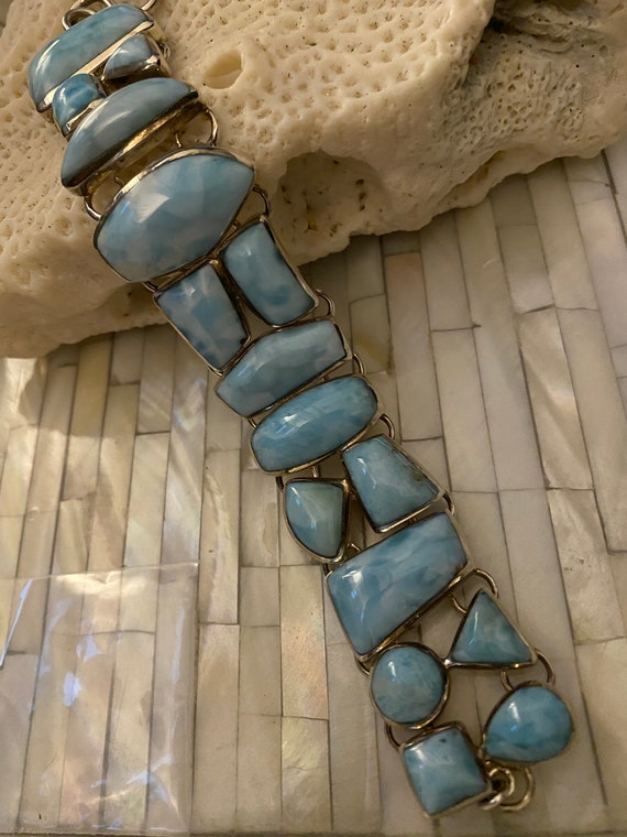 New! Handcrafted Larimar Caribbean Gemstone 925 Silver Fashion Jewelry Bracelet 7.5 -9 Inch