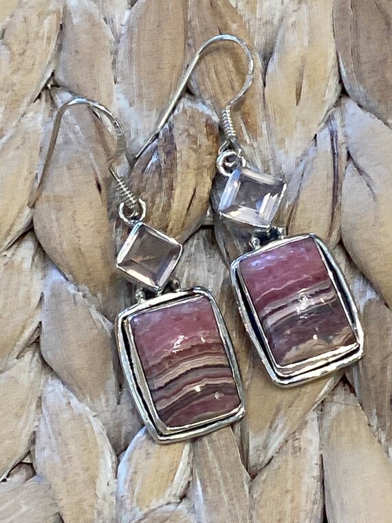Rhodochrosite & Rose Quartz Square Dangling Earrings. Handcrafted, 925 Sterling Silver