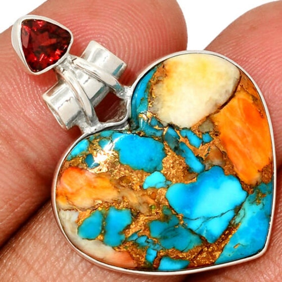 Heart Spiny Oyster Arizona Turquoise & Garnet 925 Silver Pendant Free Chain 18". Free shipping
