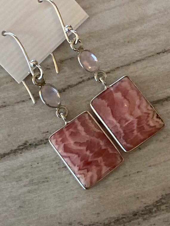 Rhodochrosite & Rose Quartz Square Dangling Earrings. Handcrafted, 925 Sterling Silver