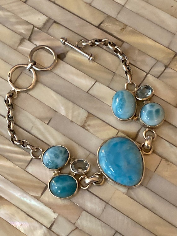 New! Handmade Bracelet Larimar & Blue Topaz One of the kid Sterling Silver 7-8"