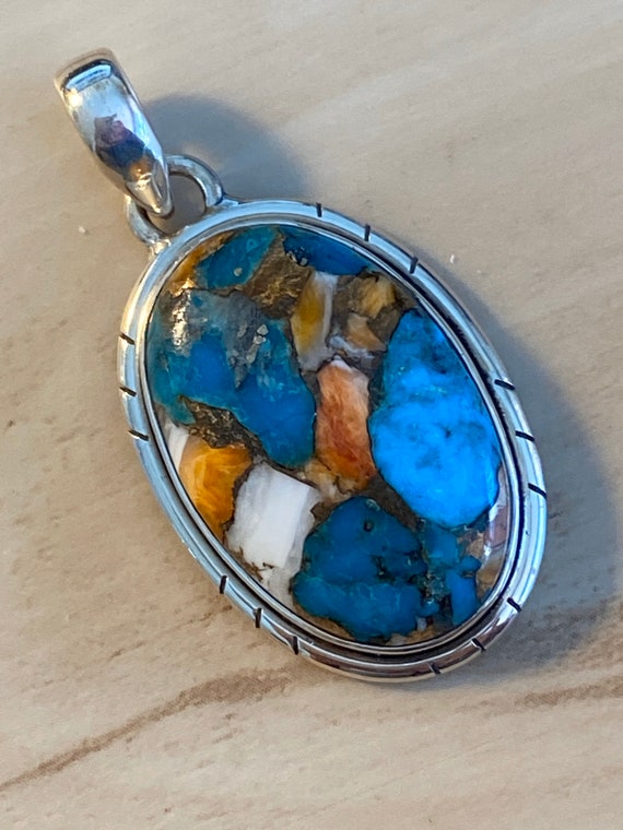 Natural Spiny Oyster Turquoise Pendant Handcrafted India 925 Sterling Silver
