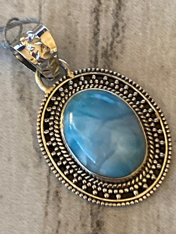New! Caribbean Gemstone Larimar Pendant 925 Sterling Silver. Handcrafted.Free Plated Sterling Silver Chain 18".Free Shipping
