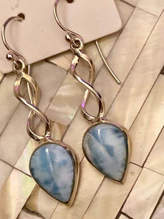 Larimar the Caribbean Gemstone & Blue Topaz Dangling Earrings. Handcrafted, 925 Sterling Silver