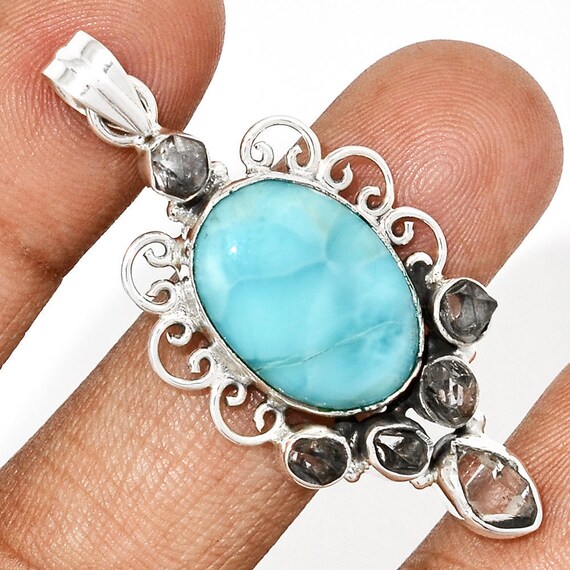 Larimar & Herkimer Diamond 925 Sterling Silver Pendant Jewelry