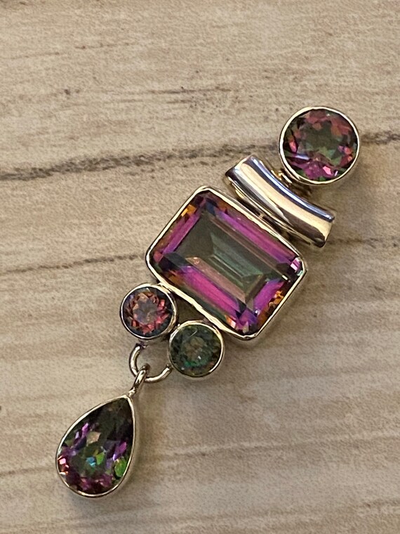 Rainbow Mystic Topaz Pendant. Handcrafted 2.25”.Free Silver Plated Chain 18"