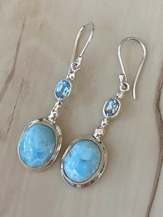 Larimar the Caribbean Gemstone & Blue Topaz Dangling Earrings. Handcrafted, 925 Sterling Silver