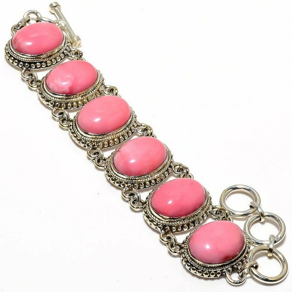 New ! Gemstone Handmade Pink real Opals Jewelry India Bracelet Sterling Silver 7-8"