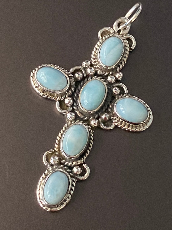 Cross Genuine Larimar 925 Sterling Silver Pendant. Free Chain 18". Free shipping