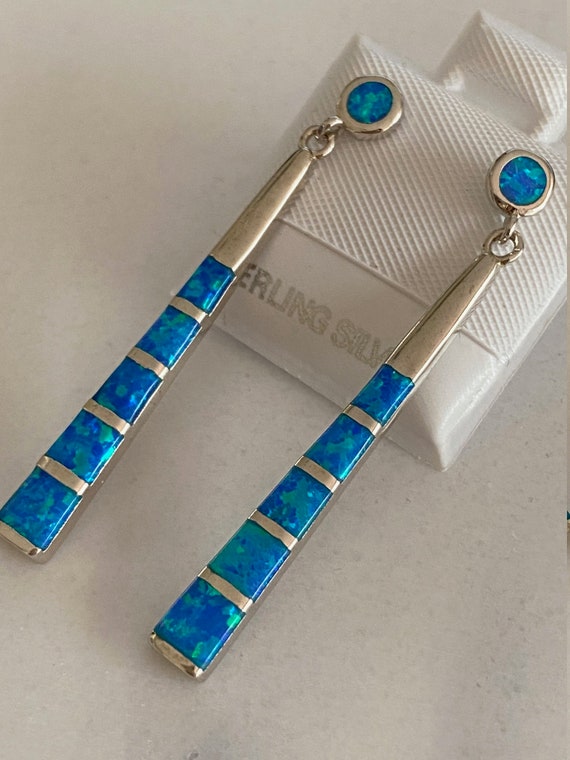 Blue Fire Opal Dangle Earrings 925 Sterling Silver *Fine Jewelry*