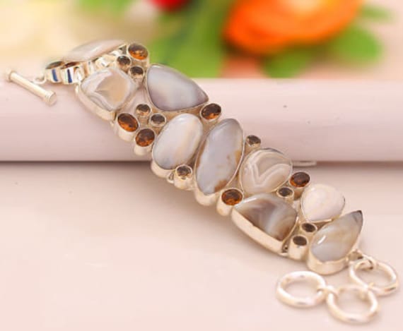 Botswana Agate Citrine Silver Handmade Jewelry Bracelet 7.5-7.99"