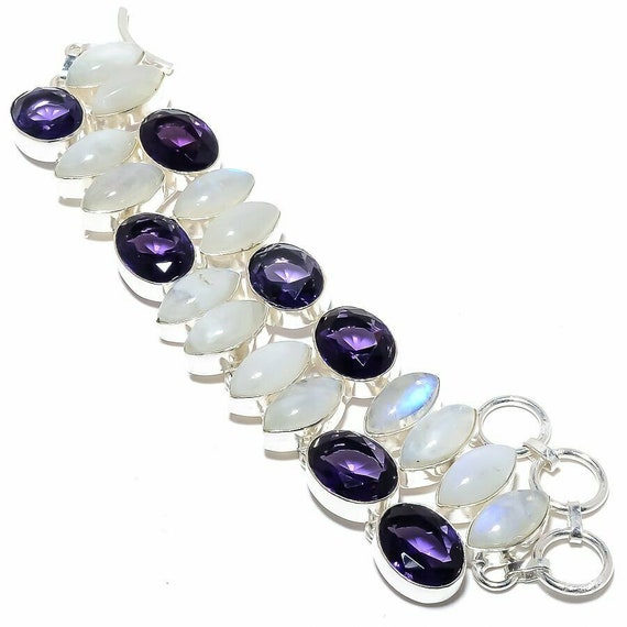 Rainbow Moonstone, Amethyst Gemstone Handmade Jewelry Bracelet 7-8"
