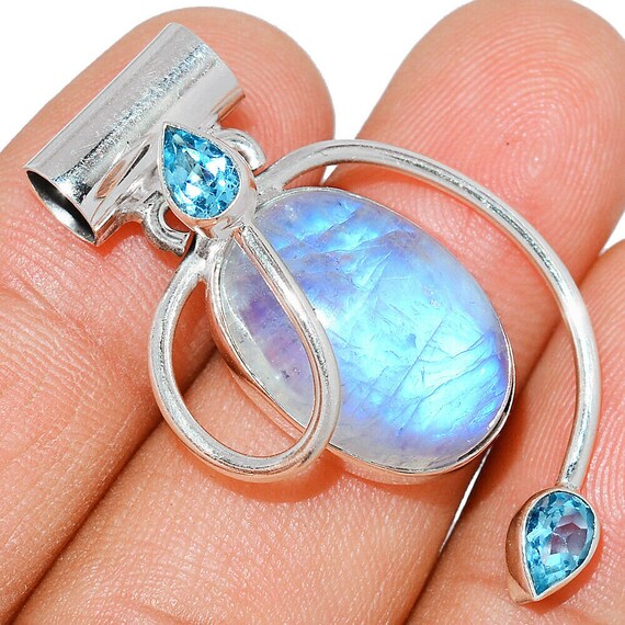 Moonstone India & Blue Topaz 925 Sterling Silver Pendant. Free Chain 18". Free shipping