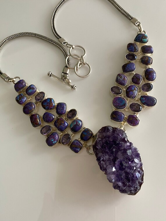 Handcrafted Mojave Purple Turquoise, big raw Amethyst pendant