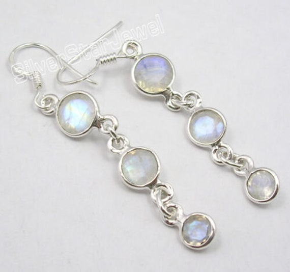Rainbow Moonstone Multi Gem LONG Earrings 5.5 CM. 925 Sterling Silver