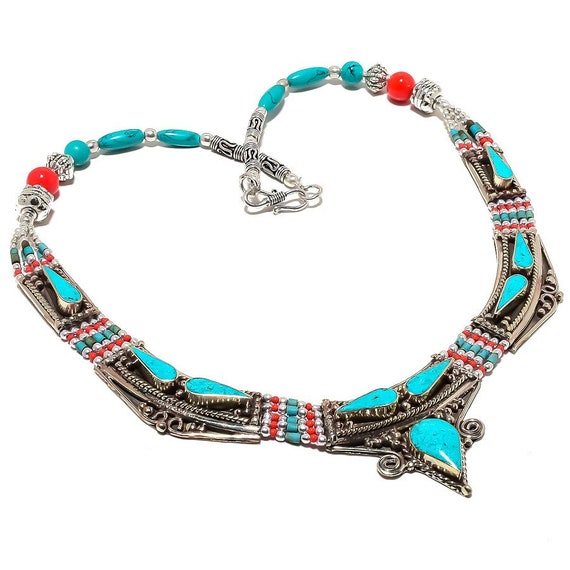 Turquoise, Coral Gemstone Handmade 925 Silver Tibetan Necklace 18"