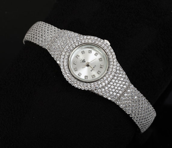 Woman Wristband Watch 33 Grams of White Topaz Gemstone.925 solid Sterling Silver Turkey