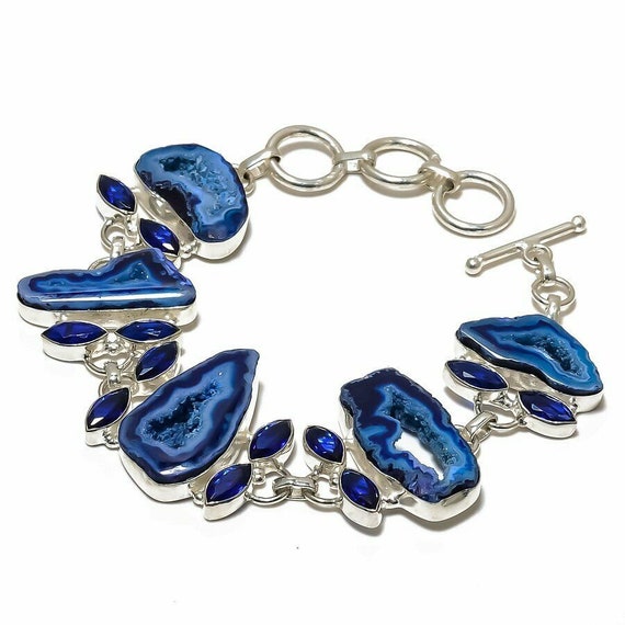 Handcrafted Blue Window Druzy, Blue Topaz Gemstone Silver Jewelry Bracelet 7-8"