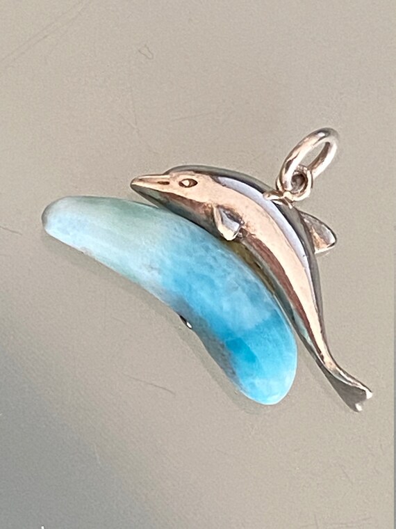 Pendant Dolphin on a wave. Larimar .The Caribbean Gemstone. 925 Sterling Silver