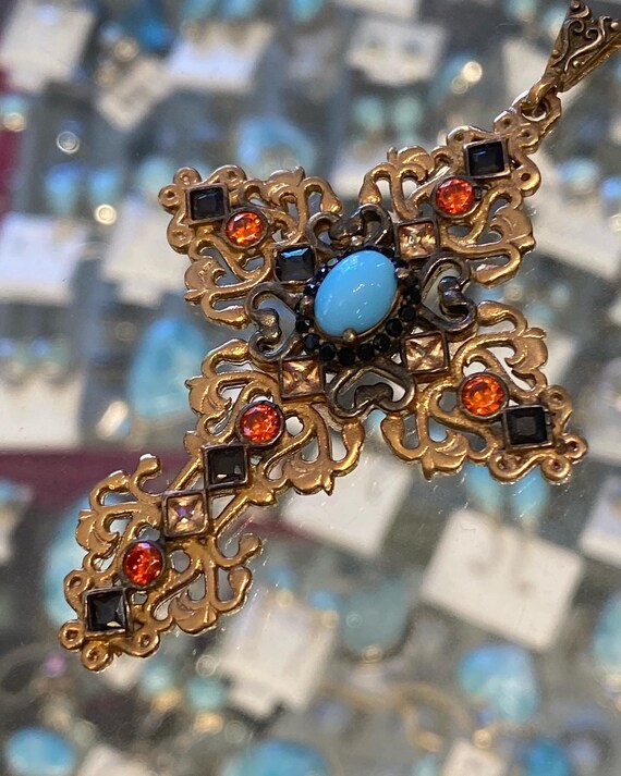 Turquoise,Orange Garnet & Spinel Handmade Turkey’s Sterling Silver Bronze Cross.