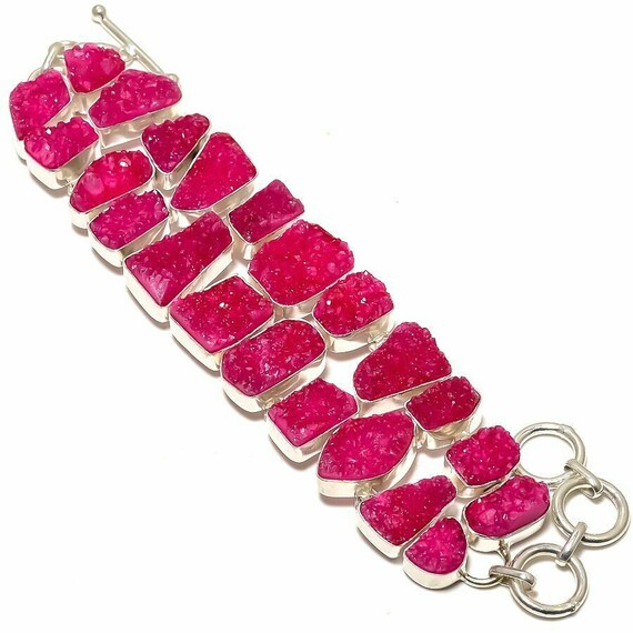 New ! Pink Titanium Druzy Gemstone . Mounted in 925 Silver .One of the Kind Handmade Jewelry Bracelet 7-8"