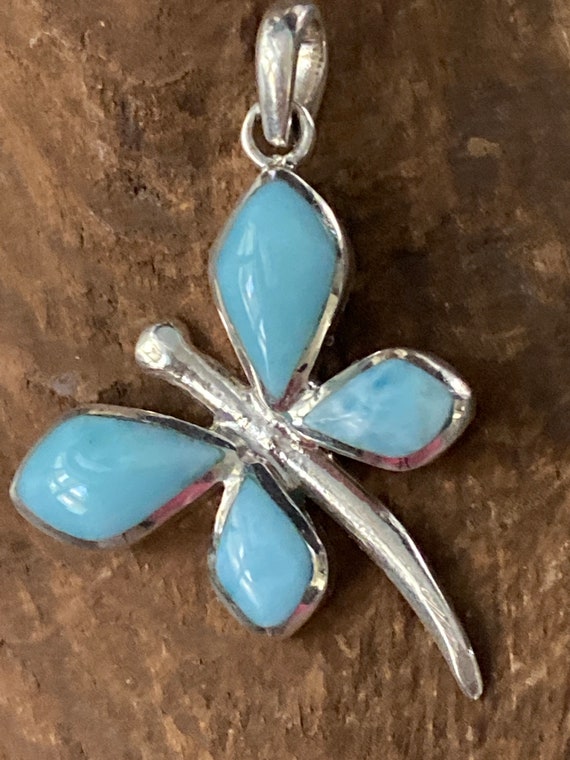 Larimar Dragon Fly Pendant. Caribbean Gemstone.Sterling Silver.Free chain 18”.Free shipping