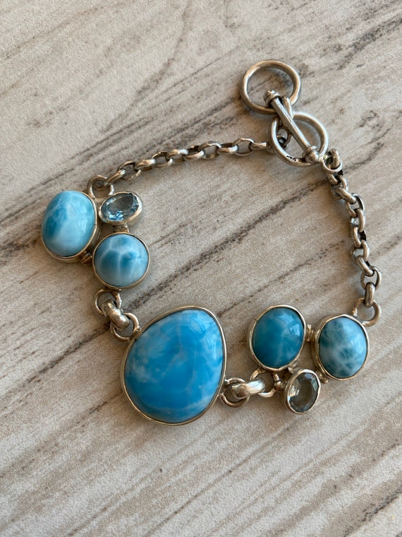 One of the Kind Larimar Bracelet & Blue Topaz. Handcrafted. 925 Sterling silver