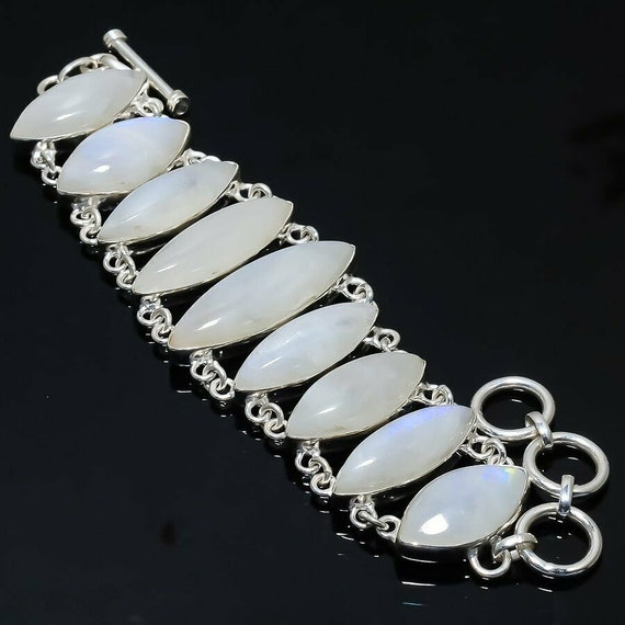 New Handcrafted Rainbow Moonstone 925 Silver Fashion Jewelry Bracelet 7-8"