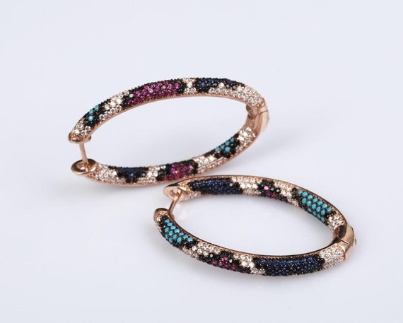 Fine Jewelry* Oval Hoops Earrings White Topaz, Turquoise, Sapphire & Ruby Rose Gold