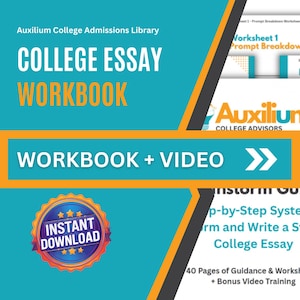 Puede incluir: Gráfico en verde azulado y naranja que promociona un cuaderno de trabajo para ensayos universitarios. El texto dice "COLLEGE ESSAY WORKBOOK" y "WORKBOOK + VIDEO". Incluye una insignia que dice "DESCARGA INSTANTÁNEA". El cuaderno promete un sistema paso a paso.