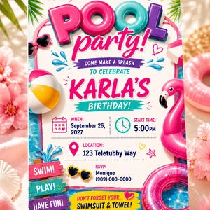 May include: A pool party invitation for Karla's birthday on 26 September 2027, at 5:00 PM at 123 Teletubby Way. The card features pink and blue inflatable rings, a beach ball, a pink flamingo float, heart-shaped sunglasses, and palm leaves.