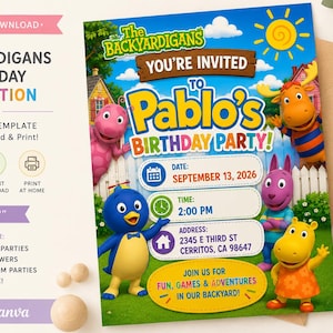 Może przedstawiać: Cyfrowy szablon zaproszenia na urodziny o wymiarach 5 na 7 cali z postaciami z The Backyardigans. Projekt zawiera niebieskie niebo, biały płot oraz tekst You're Invited To Pablo's Birthday Party, 13 września 2026, godzina 14:00.