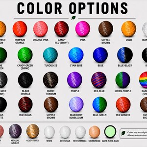 May include: A color chart displaying thirty-five spherical samples labeled with names including Sunflower Yellow, Pumpkin Orange, Candy Red, Pink, Coffee Brown, Gold, Translucent, Pine Green, Turquoise, Cyan Blue, Blue, Black, Titan Grey, Rainbow, and Glow-in-the-Dark.