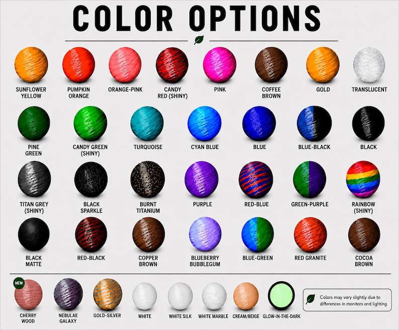 May include: A color chart displaying thirty-five spherical samples labeled with names including Sunflower Yellow, Pumpkin Orange, Candy Red, Pink, Coffee Brown, Gold, Translucent, Pine Green, Turquoise, Cyan Blue, Blue, Black, Titan Grey, Rainbow, and Glow-in-the-Dark.