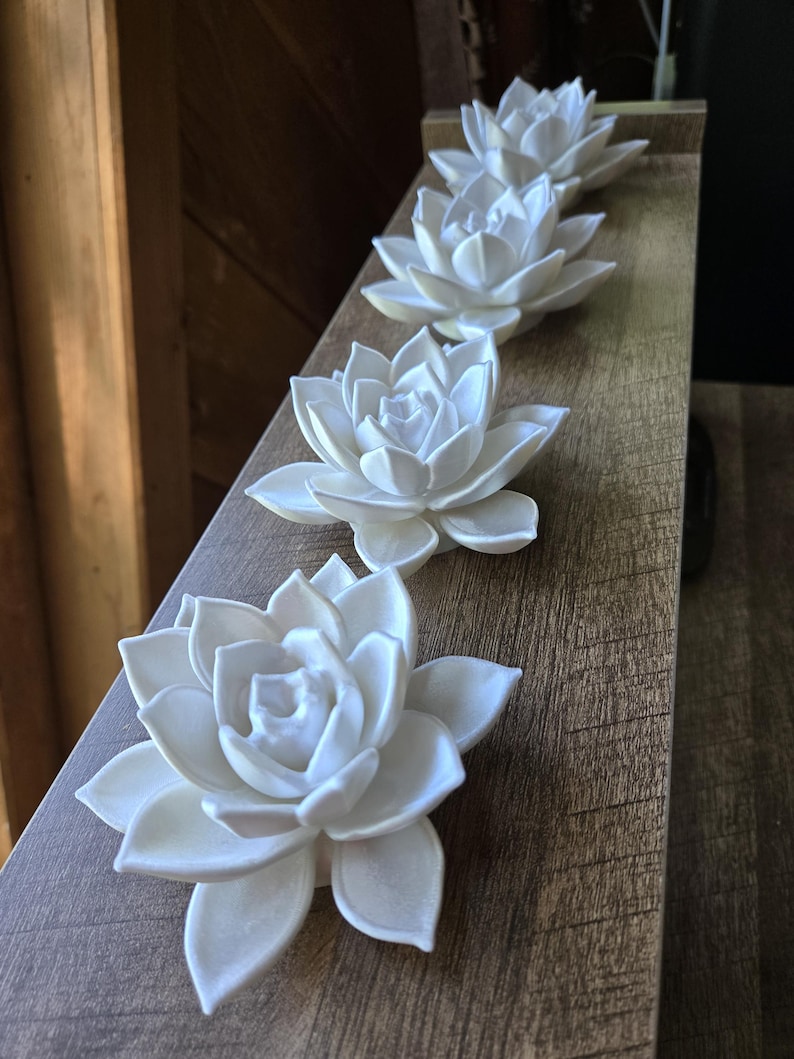 May include: Four white, matte-finish succulent-shaped ornaments arranged in a single line. Each piece features layered, pointed petals radiating from a central point, mimicking the appearance of a blooming flower. The ornaments are solid white.
