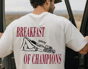 Chemise petit déjeuner des champions, t-shirt graphique pour homme drôle, cadeau d'enterrement de vie de jeune garçon, impression sarcastique dans le dos, chemise oversize humour noir pour lui