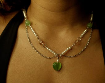 Green Cat Eye Heart Necklace, Layered Pearl Chain Choker, Silver Swag Jewelry