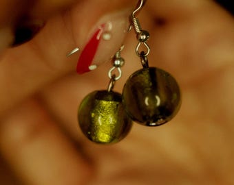 Earthy Translucent Green Orb Earrings, Hypoallergenic Silver Dangles, Cat Eye Inspired Jewelry