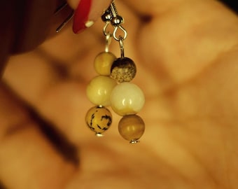 Earthy Stacked Stone Dangles, Amber Cream Speckled, Cottage-core Forest Jewelry, Nickel Free Silver