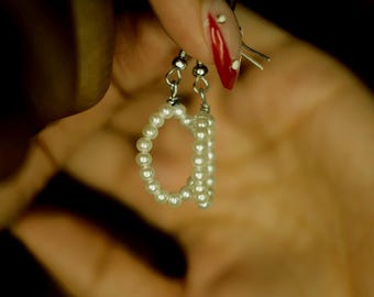 Dainty Pearl Hoop Earrings, White Beaded Circle Dangles, Nickel Free Silver Jewelry