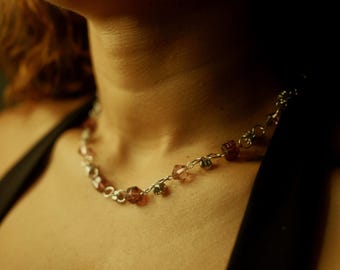Whimsigoth Faceted Crystal Choker, Delicate Plum Amber Station Necklace, Nickel Free Silver Chain, Witchy Aesthetic Jewelry