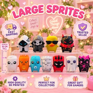 May include: A collection of fifteen small, stylised 3D printed figures arranged on two clear tiered shelves. The figures feature various designs including ghosts, a duck with sunglasses, a skull-faced character, and creatures with horns.