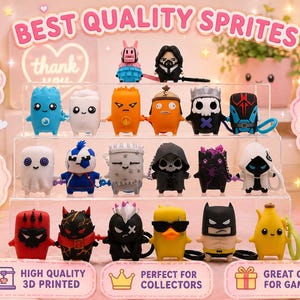 May include: A collection of small, colourful, stylised character figurines arranged on a clear tiered display stand. The figures feature various designs including ghosts, animals, and masked characters. Text on the image includes BEST QUALITY SPRITES.