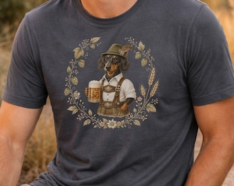 Oktoberfest Dackel T-Shirt | Dackel mit Bier & Lederhose | Boho Wiesn Shirt | Herren Oktoberfest-Shirt | Dackel Geschenk