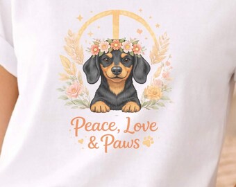 Dackel Peace Shirt – Peace Love & Paws – Florales Hundeshirt – Geschenk für Hundemamas und Dackelfans
