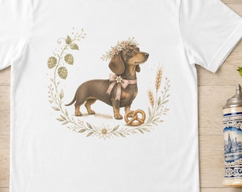 Oktoberfest Dackel T-Shirt Damen | Dackeldame mit Brezel | Boho Wiesn Shirt | Dackel Geschenk | Oktoberfest-Outfit