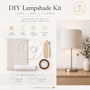 Peut inclure: Un kit d'abat-jour DIY comprenant du tissu beige, deux anneaux métalliques blancs, un rouleau adhésif, des outils en bois et un outil en métal. Le kit propose deux tailles de tambour : 20 cm de diamètre sur 18 cm de hauteur et 30 cm sur 22 cm.