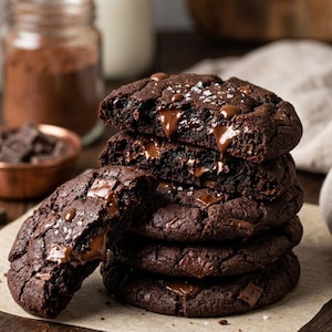 Puede incluir: Una pila de seis galletas de chocolate negro con trozos de chocolate visibles y una pizca de sal marina. Una galleta tiene un mordisco, revelando un centro de chocolate derretido. Las galletas están sobre papel de hornear.