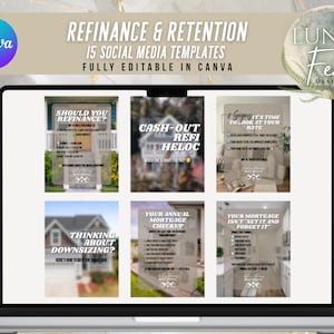 May include: A laptop displays social media templates for real estate, with the text "Refinance & Retention." The templates are fully editable in Canva and include topics like refinancing, HELOC, and mortgage rates. A logo for Lunar & Fern Design is in the upper right.